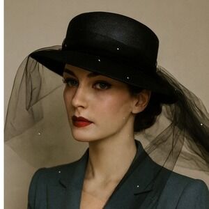 Adolfo II Paris‎ New York Black Straw Fascinator Veil Rhinestones Occasion Hat